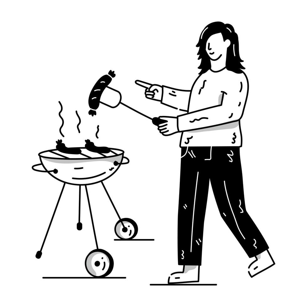 meisje dat voedsel maakt, met de hand getekende illustratie van koken vector