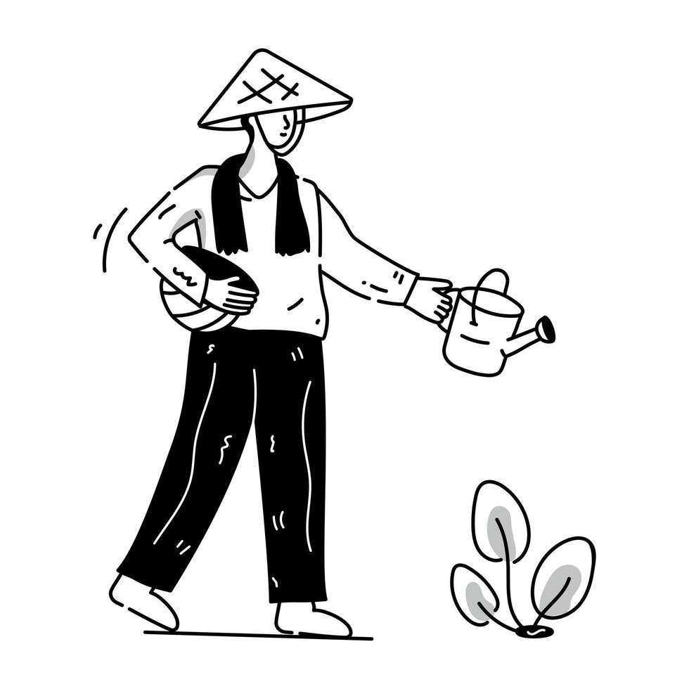 persoon die plant water geeft, karakterillustratie van tuinieren vector
