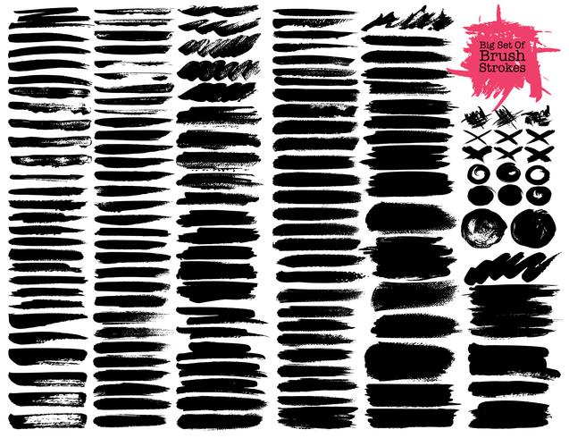 Grote reeks penseelstreken, zwarte inkt grunge penseelstreken. Vector illustratie.