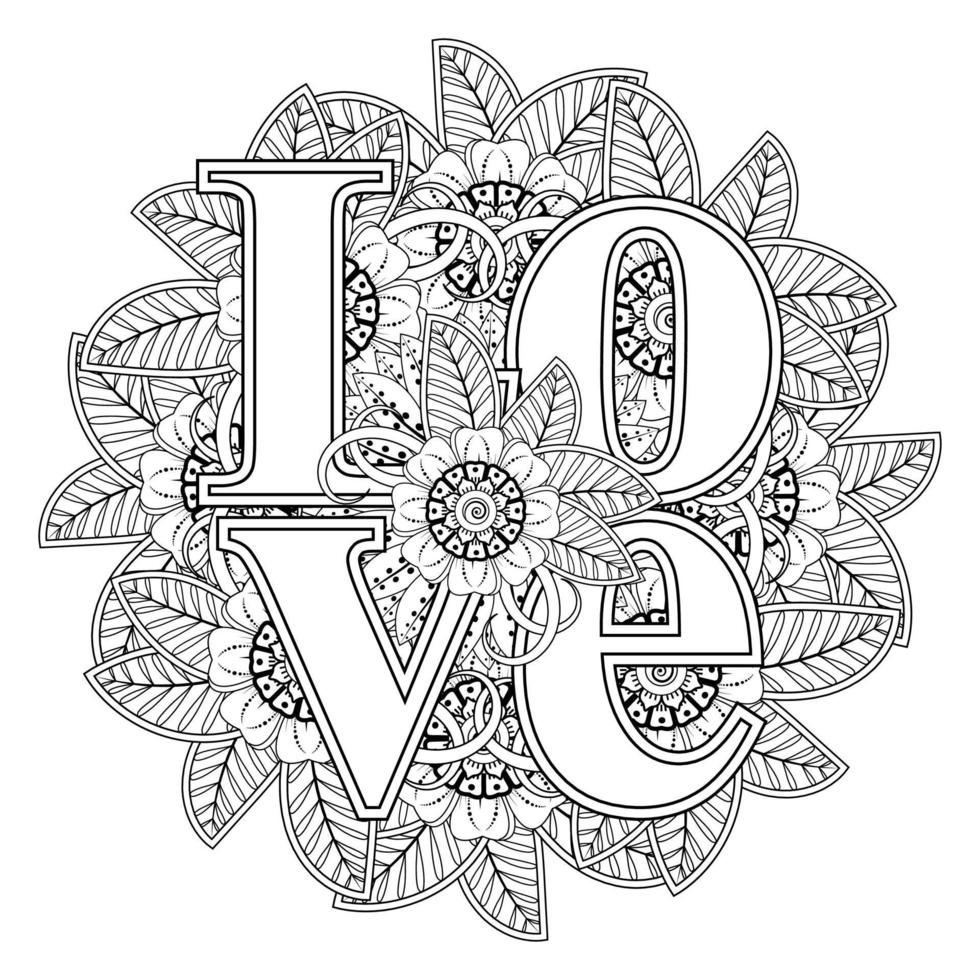 hou van woorden met mehndi-bloemen voor het kleuren van het doodle-ornament van de boekpagina vector