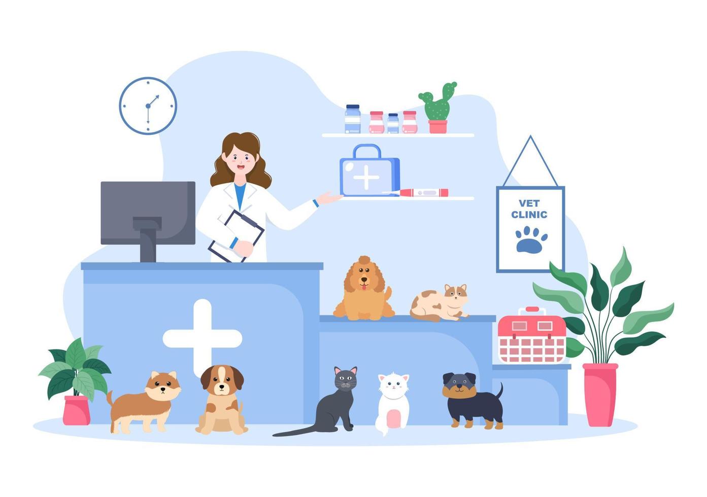veterinaire kliniek arts onderzoeken, vaccinatie en gezondheidszorg voor huisdieren zoals honden en katten in platte cartoon achtergrond vectorillustratie voor poster of banner vector