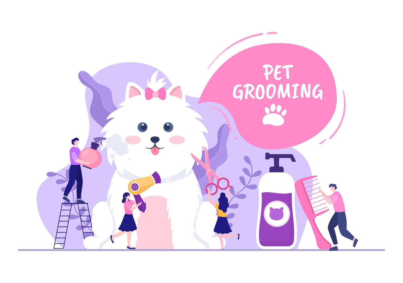 huisdierenverzorging voor honden en katten in platte cartoon hand getekende achtergrond afbeelding. de belangrijkste hulpmiddelen die in schoonheidssalons worden gebruikt voor poster of banner vector