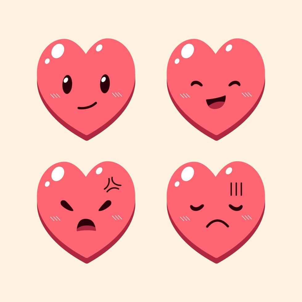 vector cartoon schattig hart karakter gezichten met verschillende emoties