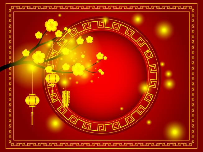 Gelukkig Chinees Nieuwjaar gouden kersenbloesem op rode achtergrond vector