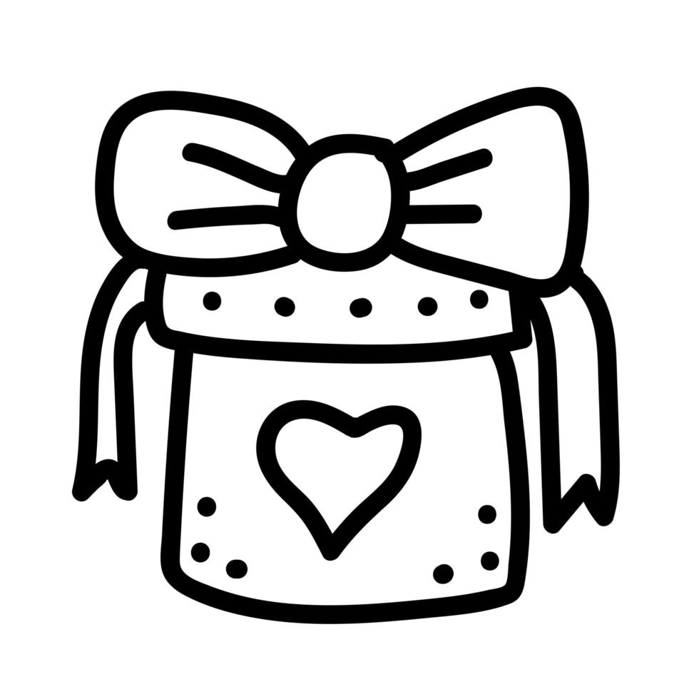 Valentijnsdag doodle pictogram geschenkdoos met strik en hart. liefdescadeau-verrassing voor liefdesdag. handgetekende illustratie voor web, banner, kaart, print, flyer, poster, vakantie, sticker vector