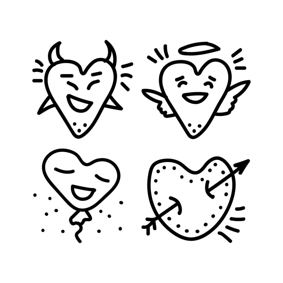 Valentijnsdag doodle set pictogrammen liefde harten. demon en engel van liefde, hartvormige ballon, cupido-hart doorboord door een pijl. handgetekende illustratie voor web, banner, kaart, print, poster, shirt vector