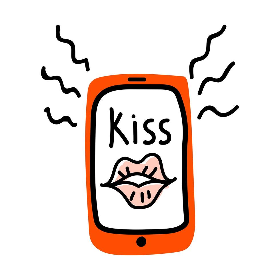 Valentijnsdag doodle pictogram mobiele telefoon met lippen, belettering kus. internet liefde decoratie. handgetekende, zeer fijne tekeningen, platte en belettering vector voor web, banner, kaart, sticker