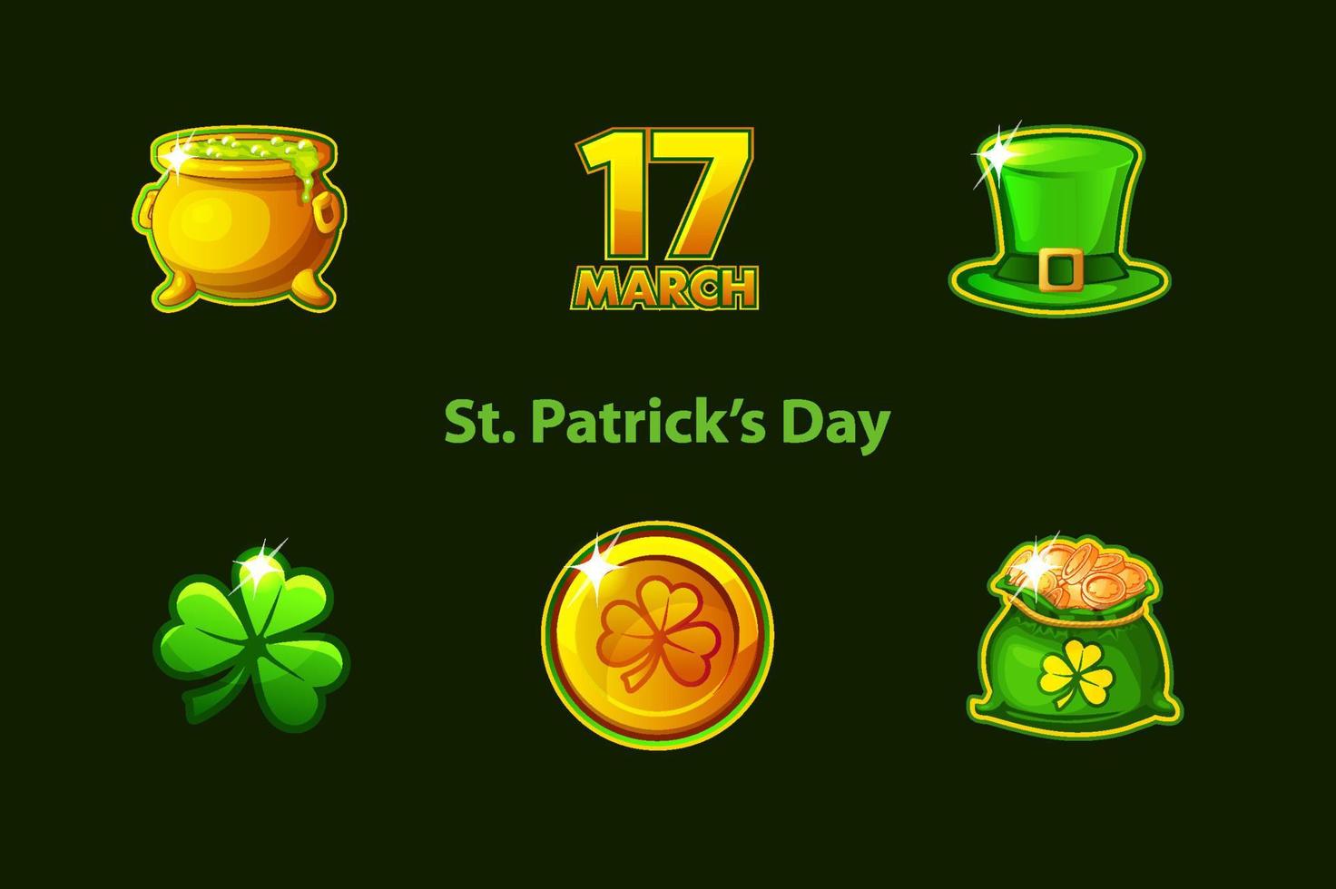 set van iconen van st. patricks dag symbolen. pack vakantie symbolen klaver, hoed, munten, klaver, klaver. vector