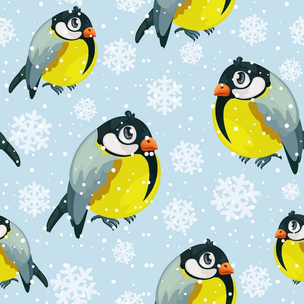 Goudvink vogels tieten naadloze patroon met sneeuwval. vrolijke kerst collectie achtergrond. winterse textuur. vectorillustratie. vector