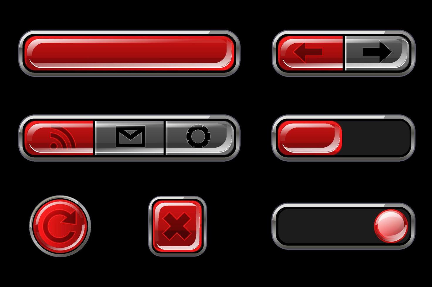 rode glanzende knoppen met terugkeer, kruis pictogrammen. geïsoleerde knoppen van verschillende vormen. knoppen voor gebruikersinterface. vector