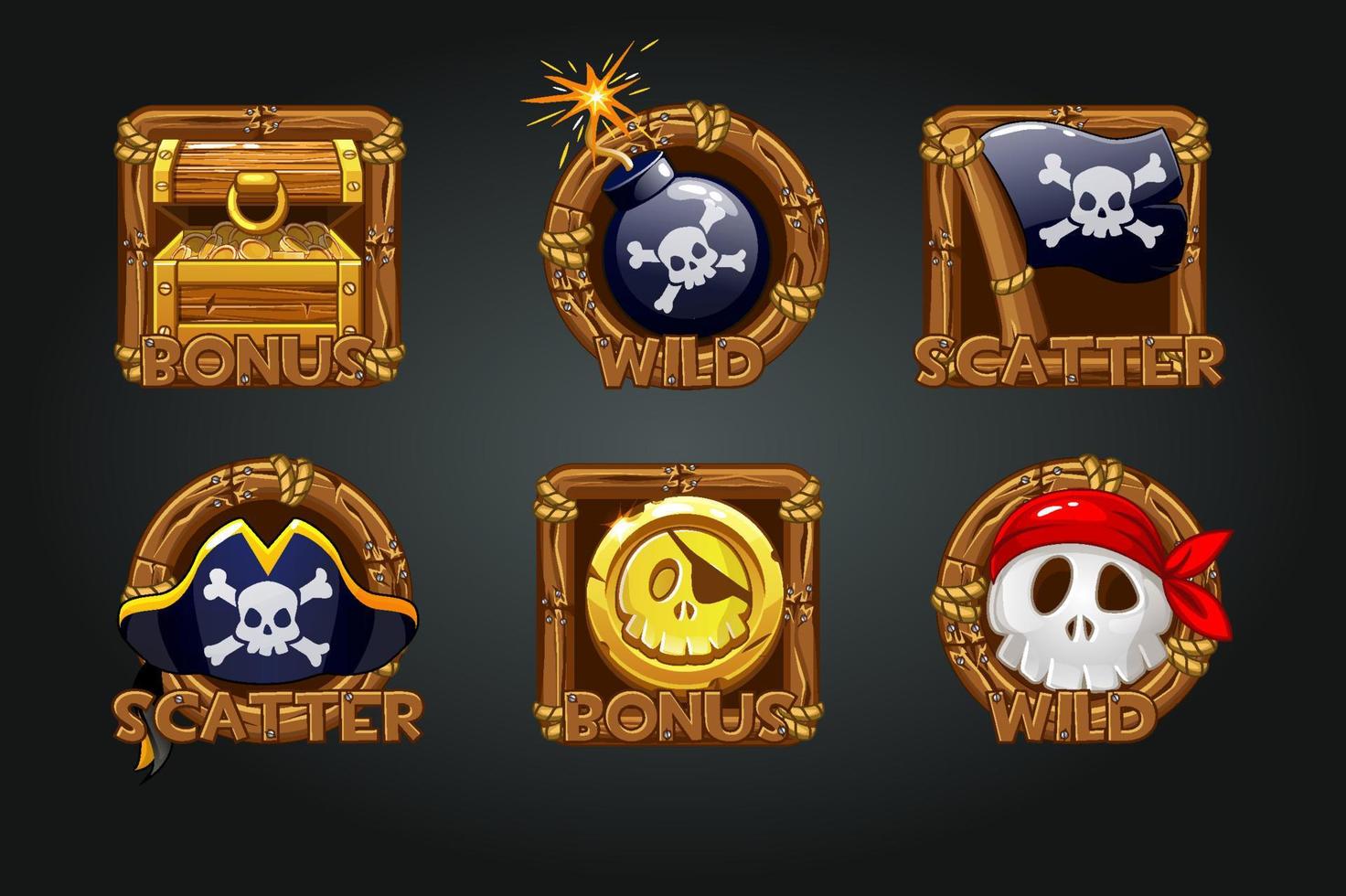 piratenpictogrammen in houten lijsten voor slots. pictogrammen piraat symbolen, schat bonus, schedel, vlag, munt, schedel. vector