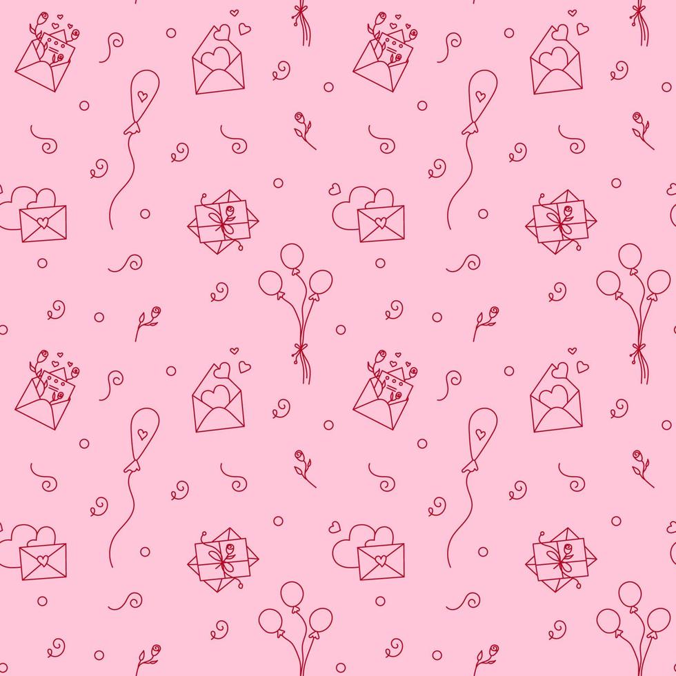 roze valentijn achtergrond met enveloppen en zwevende ballonnen. vector naadloos patroon met liefdesbrieven