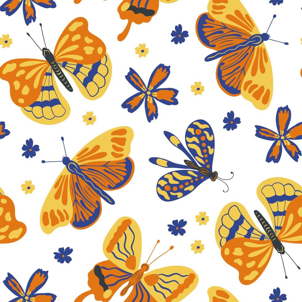 kleurrijke folk vector naadloze patroon met vlinders en bloemen.