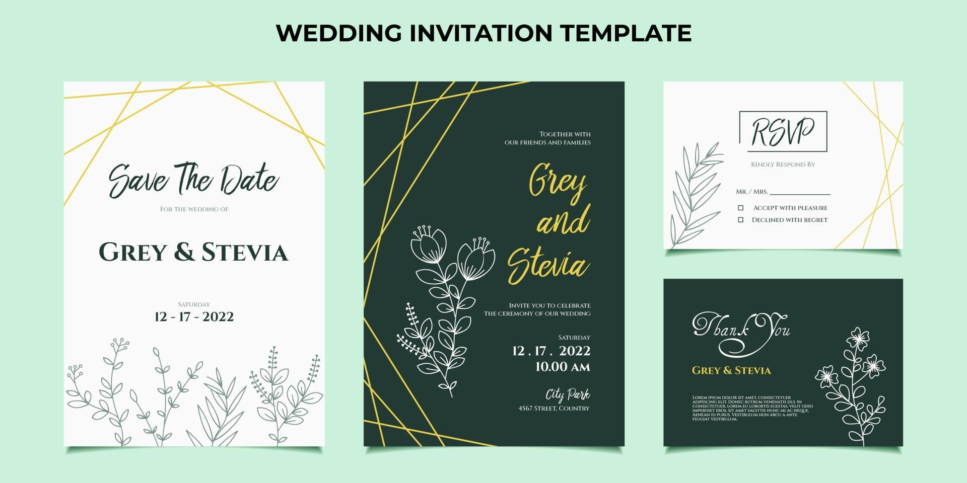 minimale bruiloft uitnodiging sjabloon met bloemen frame lijntekeningen hand getekende blad en bloem vector