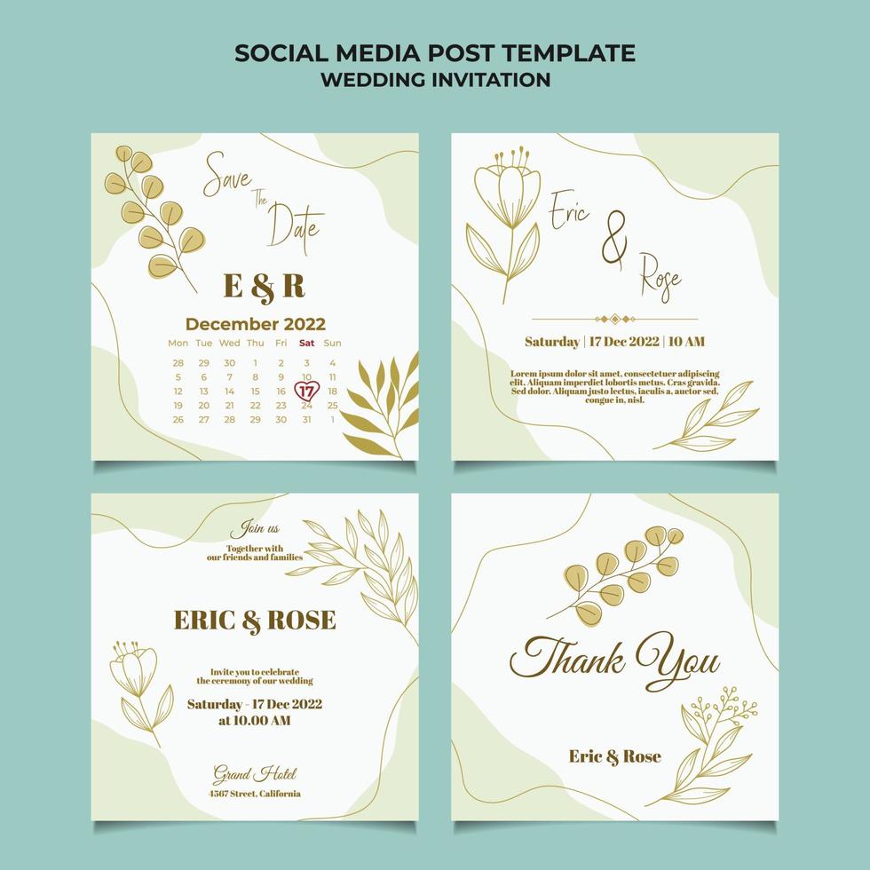 minimale bruiloft uitnodiging social media post sjabloon met bloemen frame lijntekeningen hand getekende blad en bloem vector