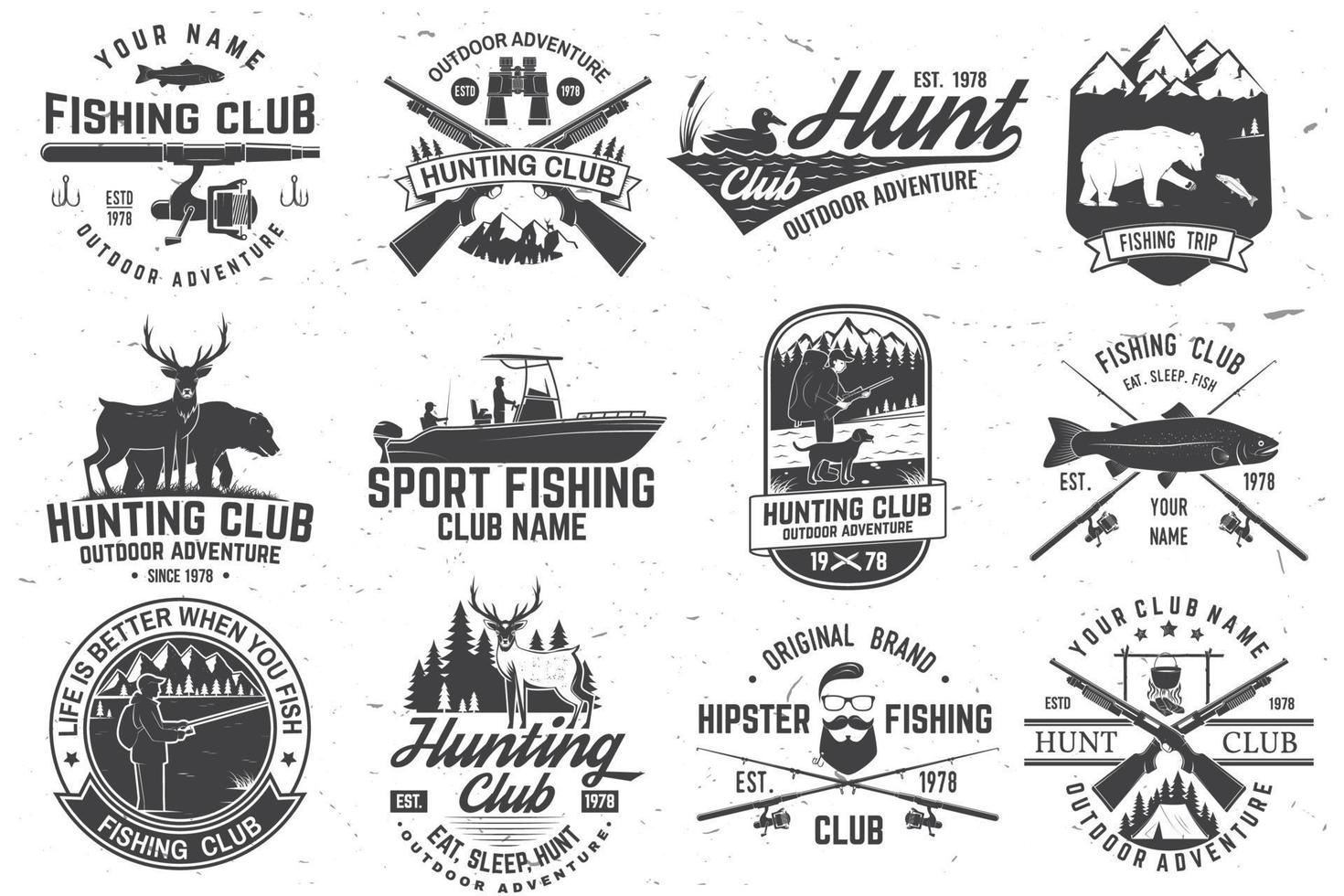 set jachtclub- en visclubbadges. vector. concept voor shirt, stempel, tee. ontwerp met jachtgeweer, beer, kalkoen, hert, kampeertent, vishengel, beer. outdoor avontuur club embleem vector