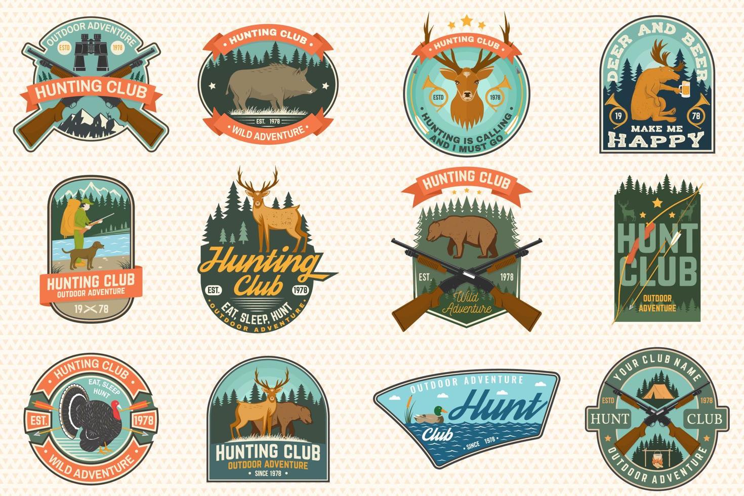 set jachtclub badge. vectorconcept voor shirt, print, stempel. vintage typografieontwerp met jachtgeweer, zwijn, jager, beer, hert, eend en bos. outdoor avontuur jacht club embleem vector