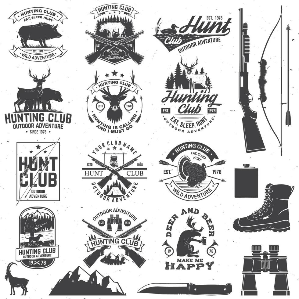 set jachtclub badge. vectorconcept voor shirt, print, stempel. vintage typografieontwerp met jachtgeweer, zwijn, jager, beer, hert, bergen en bos. outdoor avontuur jacht club embleem vector