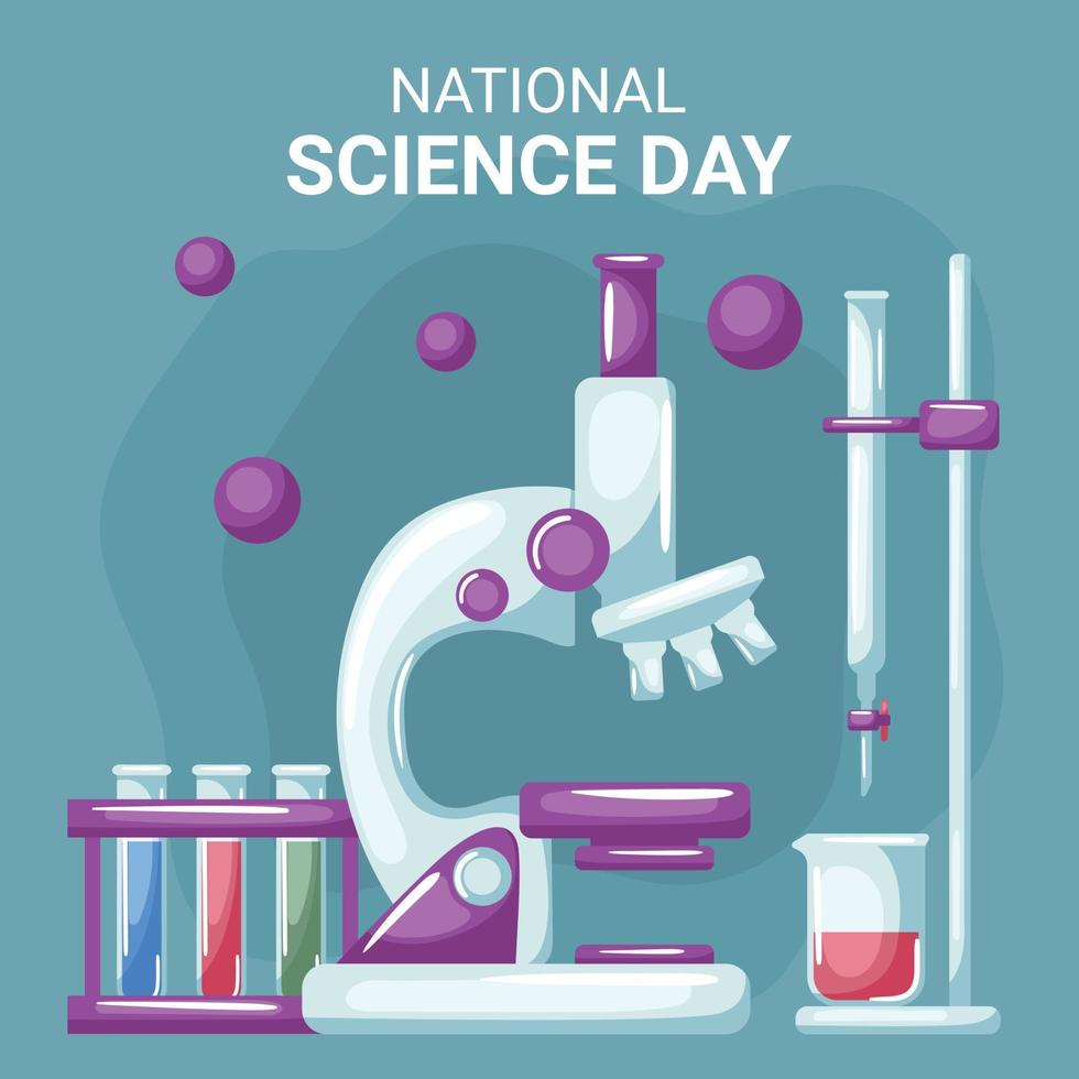 nationale wetenschapsdag met microscoop met monsters in reageerbuizen en een universele laboratoriumstandaard vector