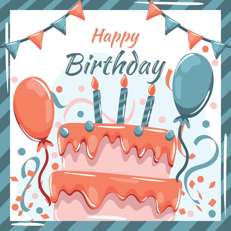 gelukkige verjaardagswenskaart met cake, ballonnen en confetti vector