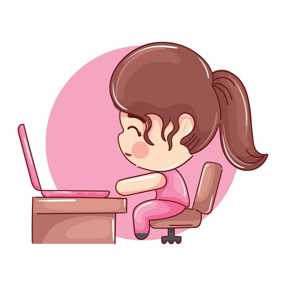 cartoon meisje studeren voor haar laptop en bureau op witte achtergrond vector