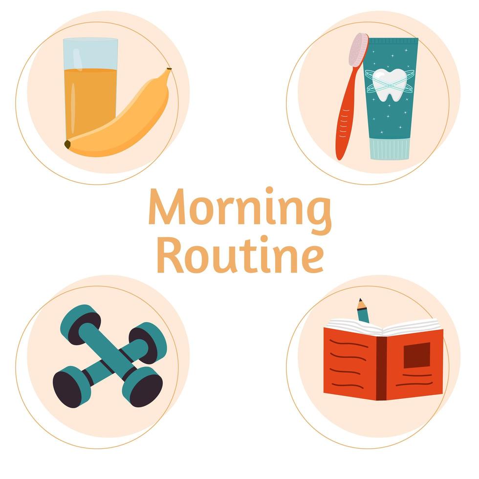 ochtendroutine fitness, ontbijt, badprocedures en dagplanning. vector