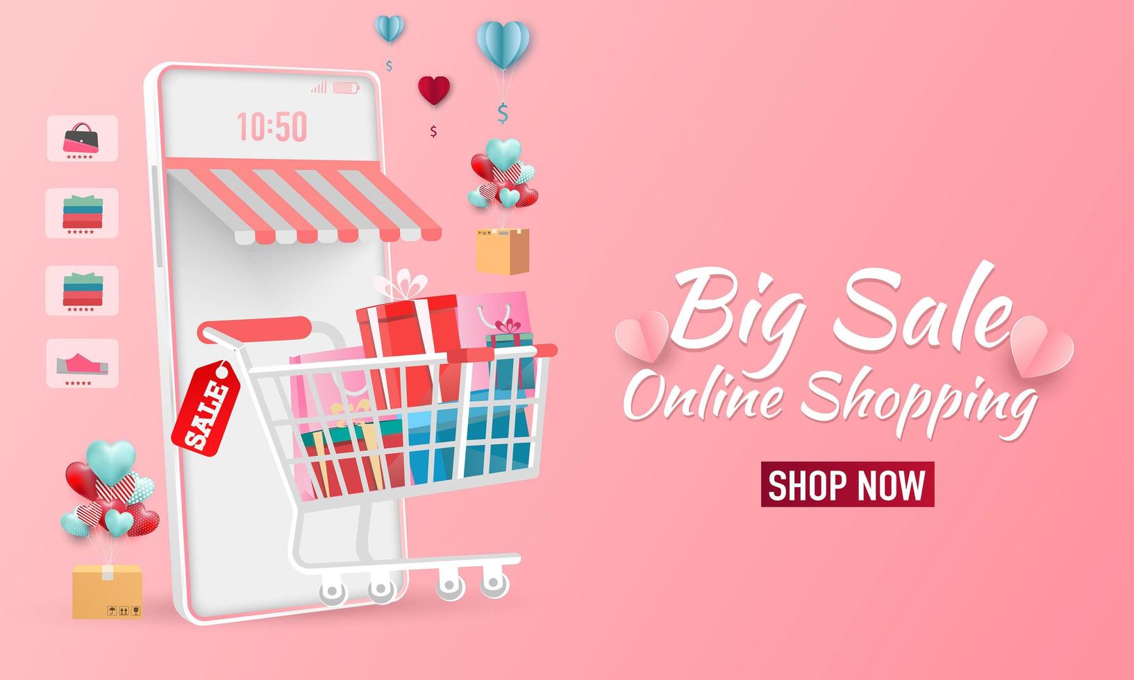 happy Valentijnsdag verkoop banner of promotie op blauwe achtergrond. online winkelwinkel met mobiel, creditcards en winkelelementen. vectorillustratie. vector