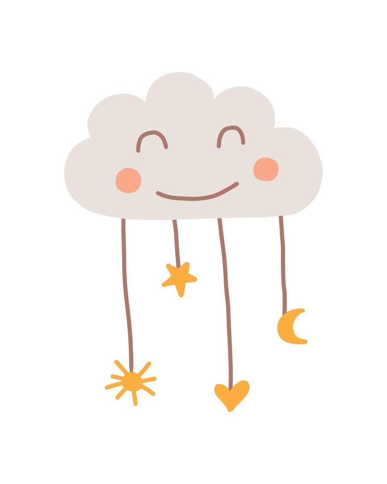 vectorillustratie van schattige wolk in boho-stijl voor kinderen. schattige handgetekende boho-wolk met gekleurde regen. kinderkamerdecoratie in boho-stijl. vector