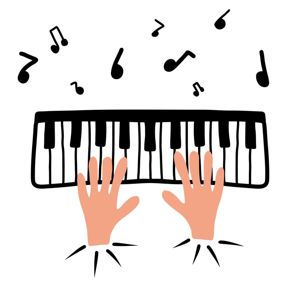 handgetekende concept van piano spelen. handen spelen piano. de illustratie is geschikt voor flyers, ansichtkaarten. affiches, prenten. vector