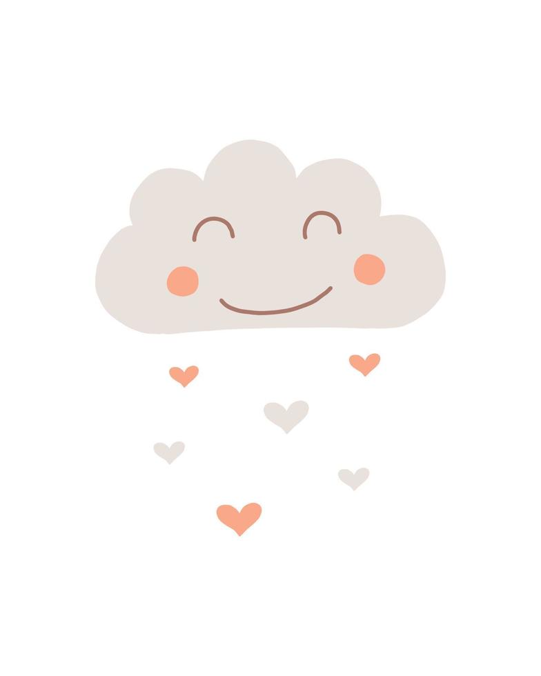 vectorillustratie van schattige wolk in boho-stijl. schattige handgetekende boho-wolk met harten in plaats van regen. kinderkamerdecoratie in boho-stijl. vector