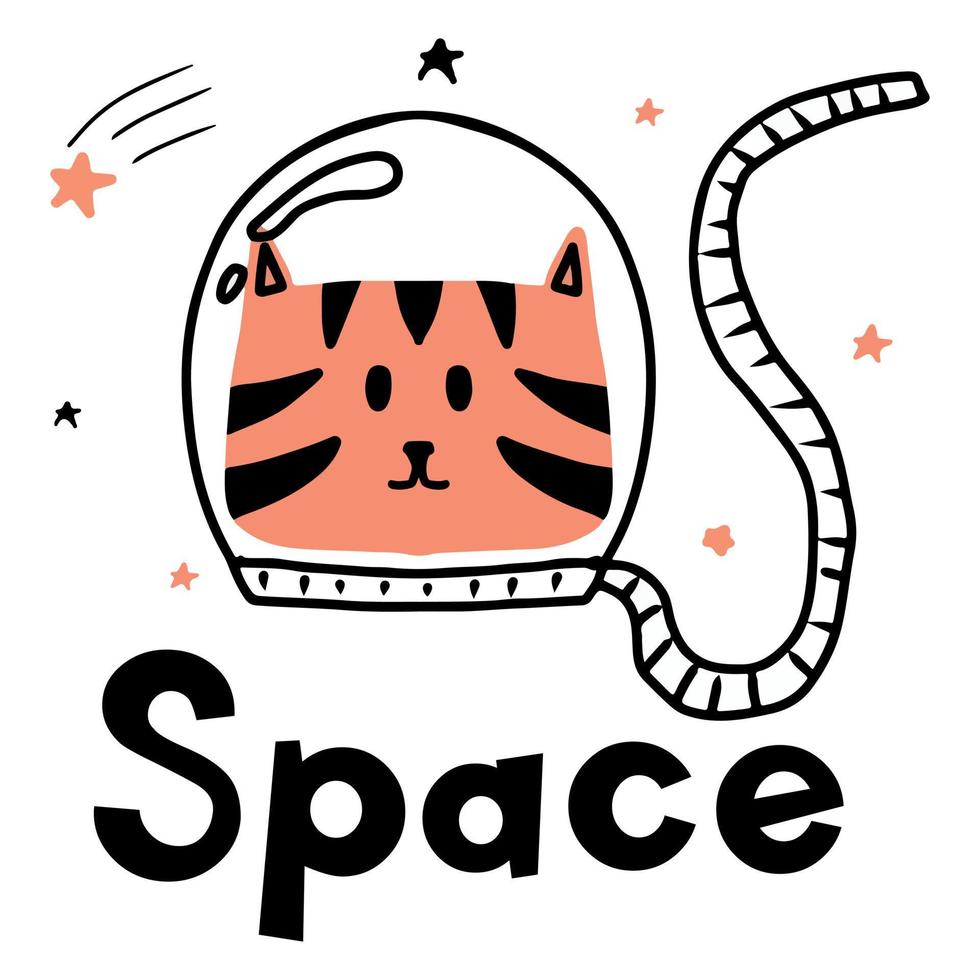 kinder handgetekende illustratie van kat astronaut. een kat in een ruimtepak in de ruimte. de illustratie is geschikt voor prints, kaarten, posters. vector