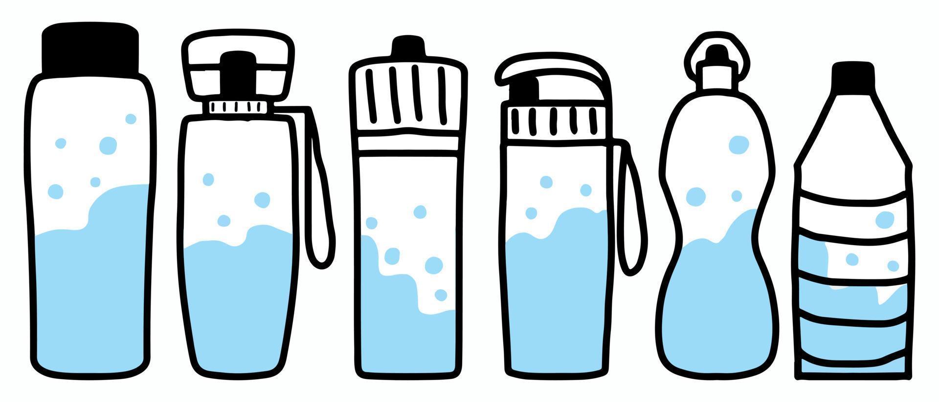 handgetekende set waterflessen. een set flessen gemaakt van herbruikbaar plastic of glas. vector