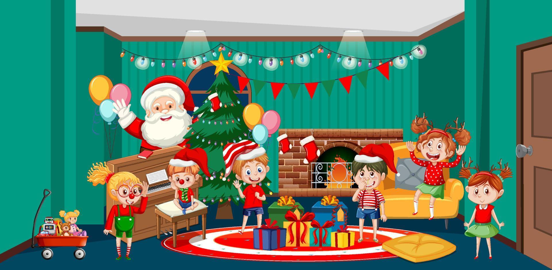 kerstman viert kerst met kinderen thuis vector