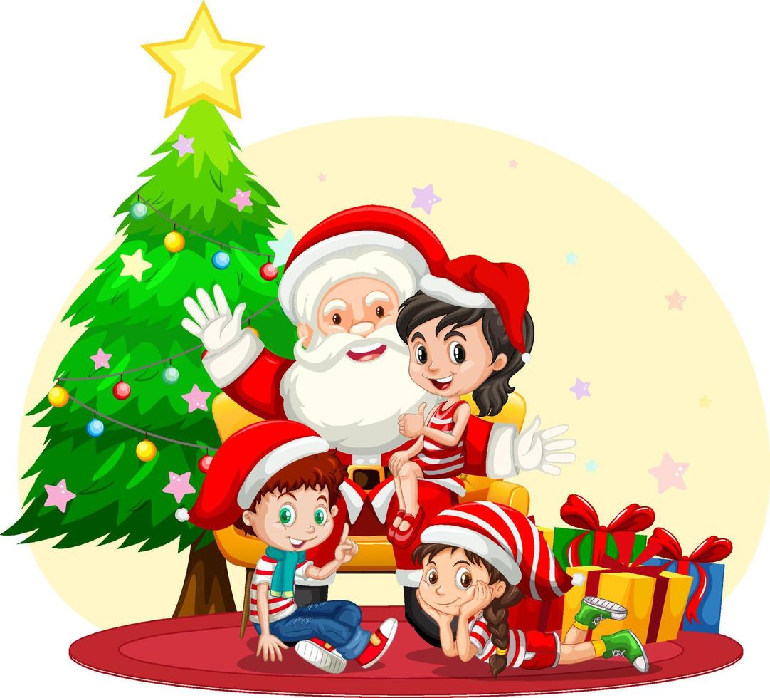 kerstman met kinderen die kerst vieren vector