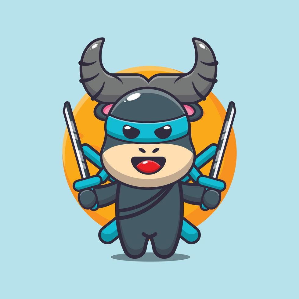 schattige ninja buffel mascotte cartoon afbeelding vector