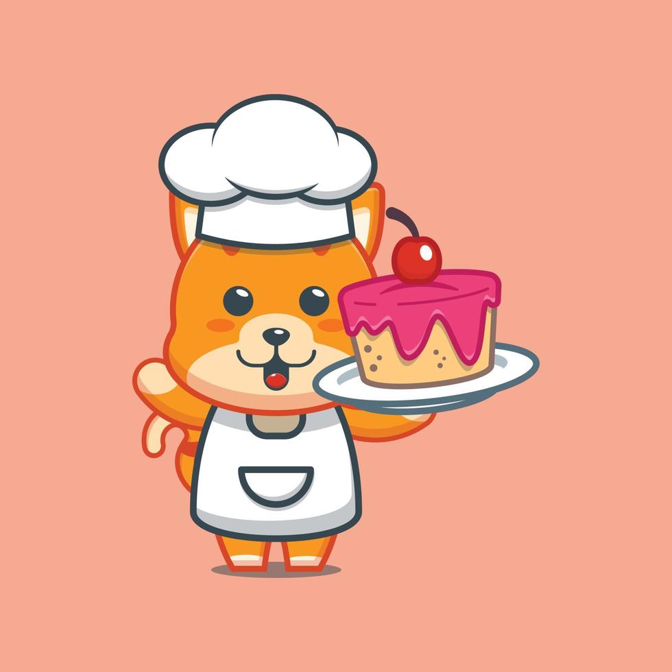 schattige kat chef-kok mascotte stripfiguur met cake vector