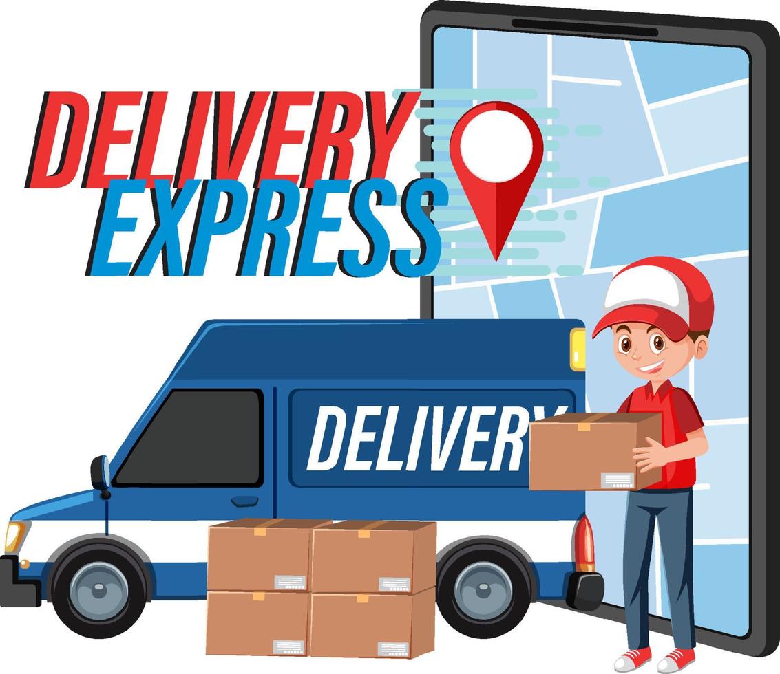 levering express-logo met gesloten bestelwagen en koerier vector