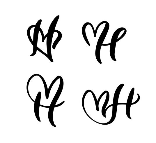 Vector Set van Vintage bloemen brief monogram H. Kalligrafie element Valentine bloeien. Hand getekend hart teken voor pagina decoratie en ontwerp illustratie. Hou van bruiloft kaart voor uitnodiging