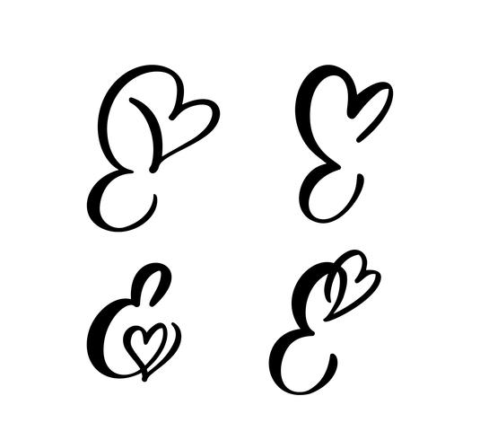 Vectorreeks van Uitstekend bloemenbriefmonogram E. het element Valentine van de Kalligrafie bloeit. Hand getekend hart teken voor pagina decoratie en ontwerp illustratie. Hou van bruiloft kaart voor uitnodiging vector