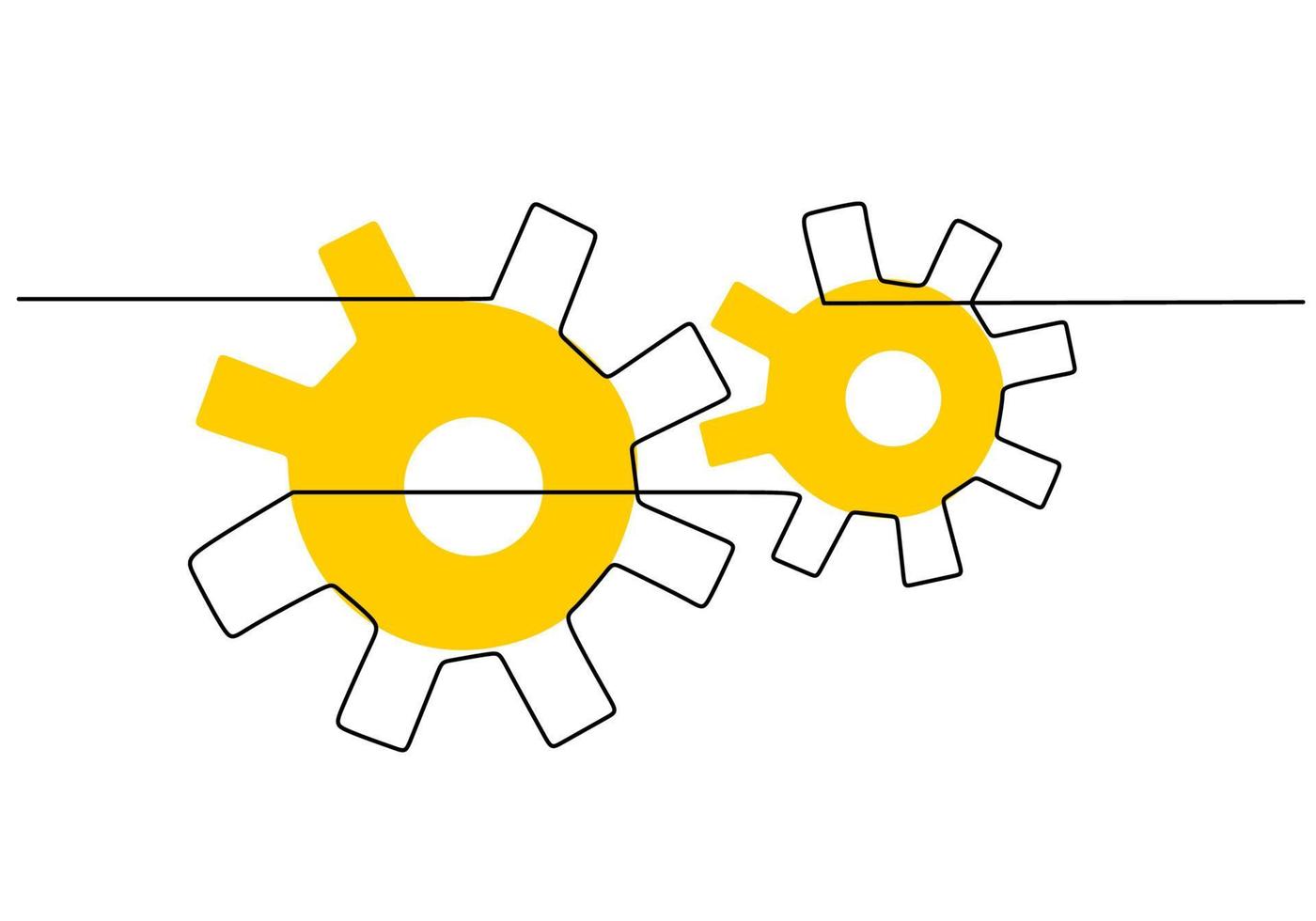 continu een enkele regel van twee gele versnellingen symbool van teamwork vector