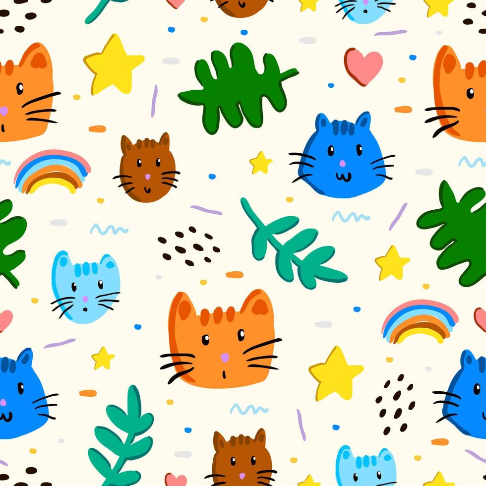 patroon met de hand getekend van kattenkoppen, hart, ster, regenboog en bladeren vector