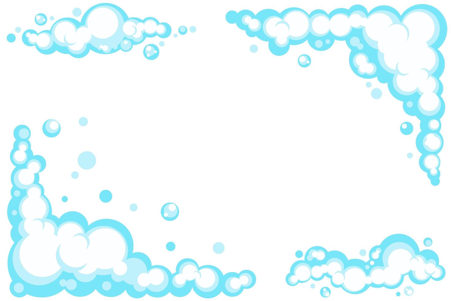 cartoon zeepschuim set met bubbels. lichtblauw schuim van bad, shampoo, scheren, mousse. vectorkader. eps 10 vector