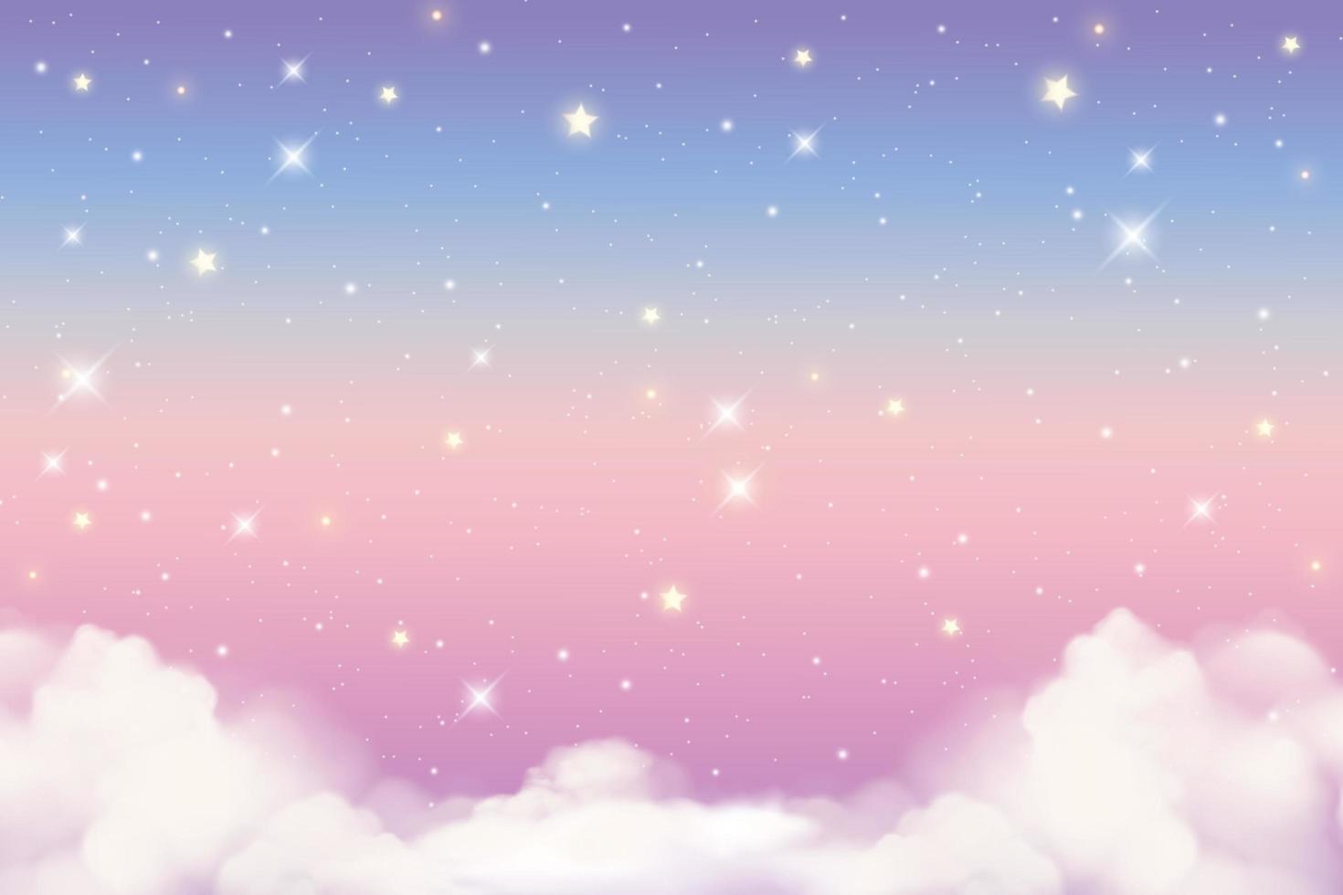holografische fantasie regenboog eenhoorn achtergrond met wolken en sterren. pastelkleurige lucht. magisch landschap, abstract fabelachtig patroon. schattig snoep behang. vector. vector