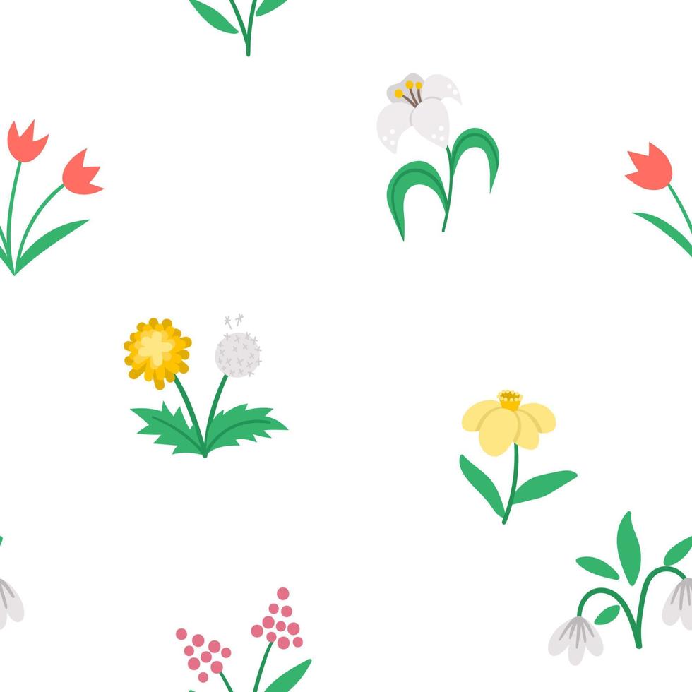 vector schattig plat lente bloemen naadloze patroon. herhalende achtergrond met eerste bloeiende planten. bloemen digitaal papier. tulpen, paardebloem, sneeuwklokje, narcis, lelietextuur.