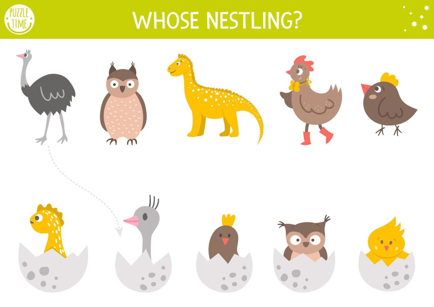 Pasen matching activiteit voor kinderen met vogels en eieren. leuke lentepuzzel met schattige broedende nestvogels en hun moeders educatief spel voor de feestdagen, afdrukbaar werkblad voor kinderen. vector