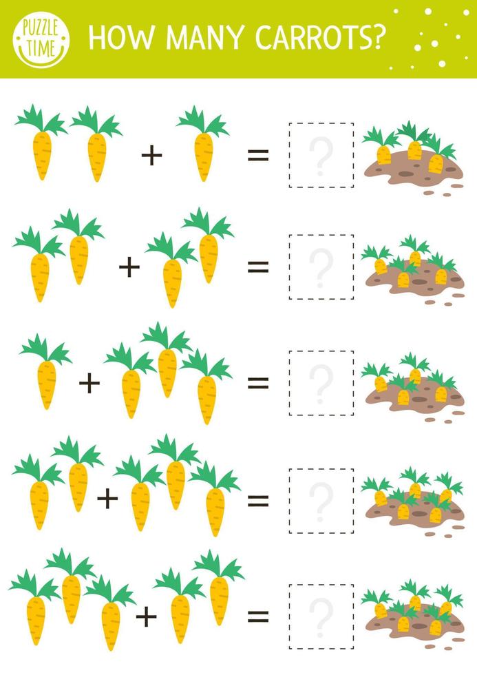 Pasen telspel met wortelen. vakantie-activiteit voor kleuters met tuinthema. educatief lente afdrukbaar wiskunde werkblad. extra puzzel voor kinderen vector