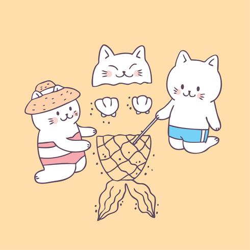 Cartoon schattige zomer katten op strand vector. vector