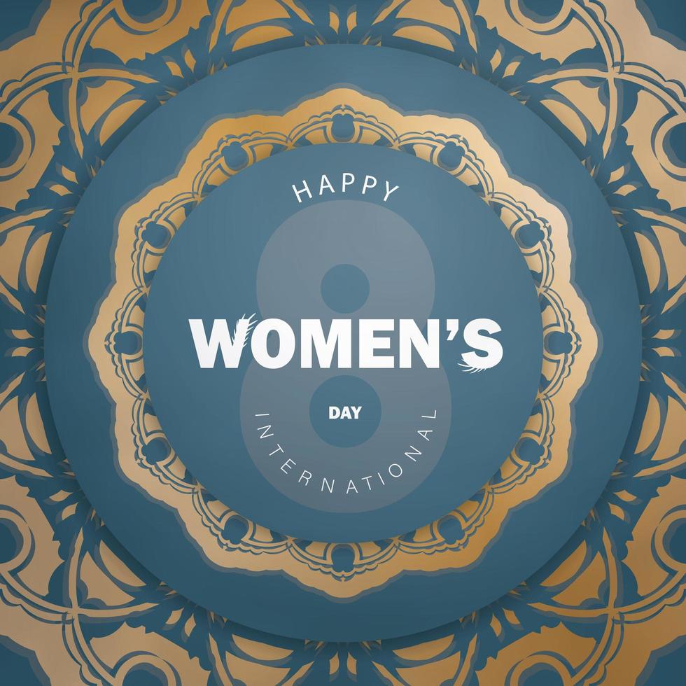 wenskaart internationale vrouwendag in blauw met abstract gouden ornament vector