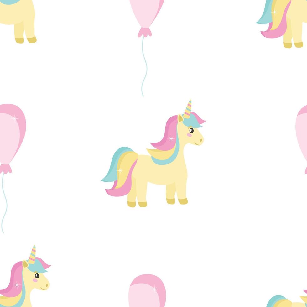 naadloos patroon voor een kleine prinses, met een eenhoorn en ballonnen. feestelijke vectorachtergrond voor het afdrukken op papier, stof, verpakking. illustratie in delicate pastelkleuren. vector
