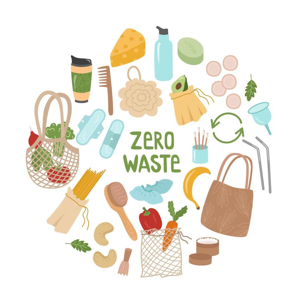 zero waste is een verzameling elementen voor het concept van herbruikbare artikelen en recycling. eco-tassen voor voedsel, groenten, washandje, bidon, tassen, thermocup, schoenovertrekken. vectorillustratie. vector